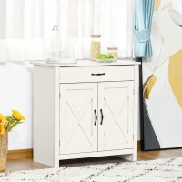 HOMCOM Farmhouse Sideboard Cabinet with Barn Doors Kitchen Buffet Cabinet with Drawer and Adjustable Shelf Stone White Wash(m-10)
