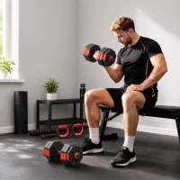 Soozier 6-in-1 Adjustable Dumbbell Set, Used as Kettlebell, Barbell, Dumbbell, Push-Up Stand, 55lbs Free Weights Set, Red(m-8)