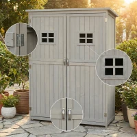 Outsunny 4x1.5ft Wooden Garden Sheds, Outdoor Storage with Windows and Double Door for Gardeners, Grey(m-8)