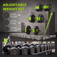 Soozier 6-in-1 Adjustable Dumbbell Set, Used as Kettlebell, Barbell, Dumbbell, Push-Up Stand, 55lbs Free Weights Set, Green(m-5)