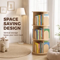 Qaba 3-Tier Rotating Bookshelf, 360° Rotating Floor-Standing Revolving Bookcase for Bedroom, Nursery, Playroom, Natural(m-6)