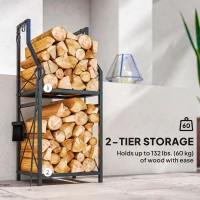 Outsunny Firewood Rack with 4 Fireplace Tools, 2-Tier Metal Log Holder with Hooks, 132 lbs Capacity for Indoor Outdoor, Black(m-4)