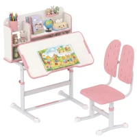 Qaba Adjustable Height Kids Desk and Chair Set, Kids Study Table and Chair with Tilt Desktop, Drawer, Reading Rack, Pink(m-9)