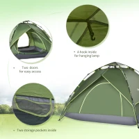 Outsunny Camping Tent, 2-3 Man Family Tent, 1000mm Waterproof, with Sewn-in Groundsheet and Carry Bag,  for Fishing, Dark Green(m-7)