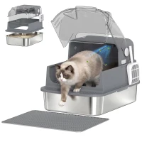PawHut Stainless Steel Cat Litter Box with 95° Flip Lid, XXL Enclosed Metal Litter Box w/ Mat, Scoop, for Big Cats, 28"x20"x18"(m-13)