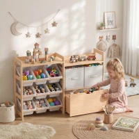 Qaba Wooden Toy Storage Organizer with Rolling Toy Chest, 2 Fabric Drawers, 2 Shelves and 9 Bins for Kids Rooms, Nursery(m-1)