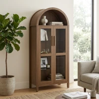 Arched Top Storage Cabinet with LED Light Strip, Adjustable Glass Shelves, Modern Bookcase for Living Room, 30" L x 15.5" W x 67" H, Brown(m-4)