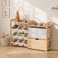 Qaba Wooden Toy Storage Organizer with Rolling Toy Chest, 2 Fabric Drawers, 2 Shelves, 9 Bins for Bedroom, Playroom, Nursery(m-8)