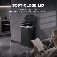 HOMCOM Automatic Trash Can, 13.2Gal / 50L Touchless Garbage Can with Soft-Close Lid, Stay Open, Stainless Steel, Black(m-7)