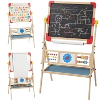 Qaba Art Easel for Kids, 3-in-1 Wooden Standing Kids Easel, Double-Sided Whiteboard Chalkboard, 360° Rotating for 3-8 Natural(m-13)