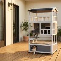 PawHut Wooden Outdoor Cat House with Asphalt Roof, Escape Doors, Condo, Jumping Platform, Light Gray(m-2)