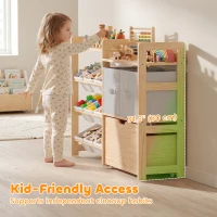 Qaba Wooden Toy Storage Organizer with Rolling Toy Chest, 2 Fabric Drawers, 2 Shelves and 9 Bins for Kids Rooms, Nursery(m-5)