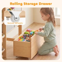 Qaba Wooden Toy Storage Organizer with Rolling Toy Chest, 2 Fabric Drawers, 2 Shelves, 9 Bins for Bedroom, Playroom, Nursery(m-6)