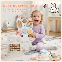 Qaba Easter Bunny Busy Board, Wooden Wall-Mounted Montessori Sensory Toys, Gift for Girls Boys for 1.5-6 Y, White(m-7)