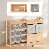 Qaba Wooden Toy Storage Organizer with Rolling Toy Chest, 2 Fabric Drawers, 2 Shelves, 9 Bins for Bedroom, Playroom, Nursery(m-3)