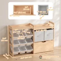 Qaba Wooden Toy Storage Organizer with Rolling Toy Chest, 2 Fabric Drawers, 2 Shelves and 9 Bins for Kids Rooms, Nursery(m-3)
