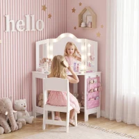 Qaba Kids Vanity Table and Chair Set with Lights, Makeup Dressing Table with Tri-Fold Mirror for Ages 3-8 Years, White(m-1)