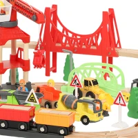 Qaba 91-Piece Wooden Train Set, Toy Railway Set with Magnetic Crane, Sound Effects Track, for Kids Ages 3+(m-9)