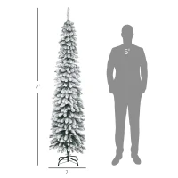 HOMCOM 7' Tall Unlit Slim Pencil Xmas Tree, Snow-Flocked Artificial Christmas Tree with Realistic Branches and 603 Tips, Green(m-3)