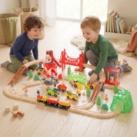 Qaba 91-Piece Wooden Train Set, Toy Railway Set with Magnetic Crane, Sound Effects Track, for Kids Ages 3+(m-1)