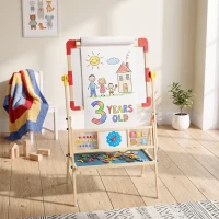 Qaba Art Easel for Kids, 360° Rotating Double Sided Kids Easel with Magnetic Whiteboard, Chalkboard, Storage Box, Natural(m-8)