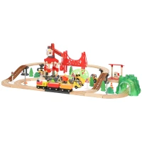 Qaba 91-Piece Wooden Train Set, Toy Railway Set with Magnetic Crane, Sound Effects Track, for Kids Ages 3+(m-2)