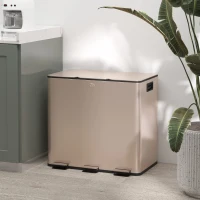 HOMCOM Garbage Bin, Soft-Close Trash Can with Foot Pedal, 3x4 Gallon (3x15 L) Garbage Can with Removable Inner Buckets, Gold(m-1)