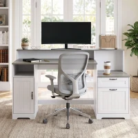 HOMCOM Computer Desk with Power Outlets Office Desk 1 Cabinet File Drawer Grey Brown White(m-14)