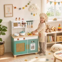 Qaba Wooden Play Kitchen Set with Microwave, Coffee Machine, Ice Maker & 19PCs Accessories, Gift for Ages 3-6 Years, Green(m-8)