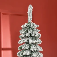 HOMCOM 7' Tall Unlit Slim Pencil Xmas Tree, Snow-Flocked Artificial Christmas Tree with Realistic Branches and 603 Tips, Green(m-8)