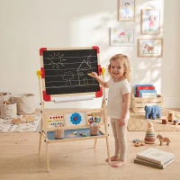 Qaba Art Easel for Kids, 360° Rotating Double Sided Kids Easel with Magnetic Whiteboard, Chalkboard, Storage Box, Natural(m-10)