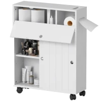 kleankin Toilet Paper Cabinet, Slim Bathroom Cabinet with 4 Rolling Wheels, Small Bathroom Storage Cabinet with Paper Holes, Sliding Doors and Adjustable Shelf for Small Space, White(m-11)