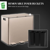 HOMCOM Garbage Bin, Soft-Close Trash Can with Foot Pedal, 3x4 Gallon (3x15 L) Garbage Can with Removable Inner Buckets, Gold(m-7)