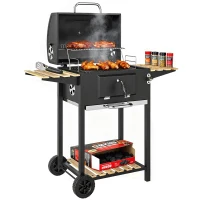Outsunny 20" Charcoal BBQ Grill Barbecue on Wheels with Adjustable Charcoal Pan, Spacious Cooking Area, 3 Shelves, Thermometer(m-9)