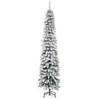 HOMCOM 7' Tall Unlit Slim Pencil Xmas Tree, Snow-Flocked Artificial Christmas Tree with Realistic Branches and 603 Tips, Green(m-11)