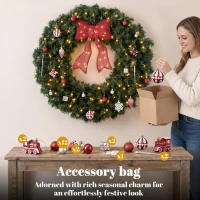 HOMCOM Artificial Xmas Wreath, 36 Inch Pre-Lit Christmas Wreath with 130 LED Lights, Lighted Bow and 21 Ornament Set, Green(m-6)