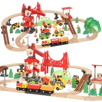 Qaba 91-Piece Wooden Train Set, Toy Railway Set with Magnetic Crane, Sound Effects Track, for Kids Ages 3+(m-13)