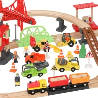 Qaba 91-Piece Wooden Train Set, Toy Railway Set with Magnetic Crane, Sound Effects Track, for Kids Ages 3+(m-11)