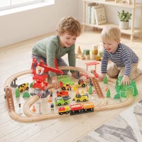 Qaba 91-Piece Wooden Train Set, Toy Railway Set with Magnetic Crane, Sound Effects Track, for Kids Ages 3+(m-8)