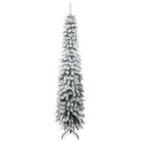 HOMCOM 7' Tall Unlit Slim Pencil Xmas Tree, Snow-Flocked Artificial Christmas Tree with Realistic Branches and 603 Tips, Green(m-1)