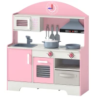 Qaba Wooden Play Kitchen Set for Kids with Real Lights & Sounds, 5PCs Accessories, Gift for Boys & Girls, Ages 3-6, Pink(m-2)
