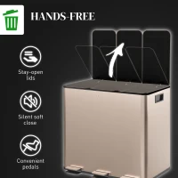 HOMCOM Garbage Bin, Soft-Close Trash Can with Foot Pedal, 3x4 Gallon (3x15 L) Garbage Can with Removable Inner Buckets, Gold(m-6)