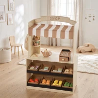 Qaba Wooden Grocery Store Playset Pretend Play with Play Food, Cash Register, Chalkboard, 61 Accessories for Boys & Girls 3-8(m-8)