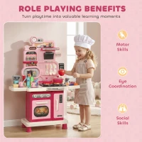 Qaba Kids Kitchen Playset, Play Kitchen with Lights, Sounds, Circulating Water Sink, Storage, 33 PCS for 3-6 Years, Pink(m-7)