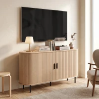 HOMCOM Fluted Sideboard Buffet Cabinet, 55" Mid Century Coffee Bar Cabinet with Sliding Doors and Adjustable Shelves, Natural(m-13)