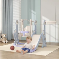 Qaba 4-in-1 Slide and Swing Set with Basketball Hoop, Climber, for Ages 1.5-4 Boys Girls Toddler, Rocket Themed, Light Blue(m-1)