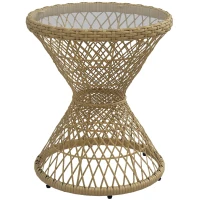 Outsunny Wicker Outdoor Coffee Table, 18" Round Drum-Style Outdoor Patio Table with Tempered Glass Top, Light Brown(m-8)