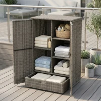 Outsunny Outdoor Storage Cabinet with Shelves, Rattan Pool Towel Storage Cabinet with Removable Shelf & Drawer, Dark Gray(m-10)