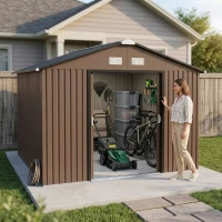 Outsunny Metal Large Shed with Double Locking Doors Sloped Roof for Garden Tool, Bike Storage, Brown(m-3)