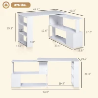 HOMCOM L Shaped Desk, Corner Computer Desk, 360 Degree Rotating Home Office Desk with Storage Shelves, Writing Table Workstation, White(m-3)